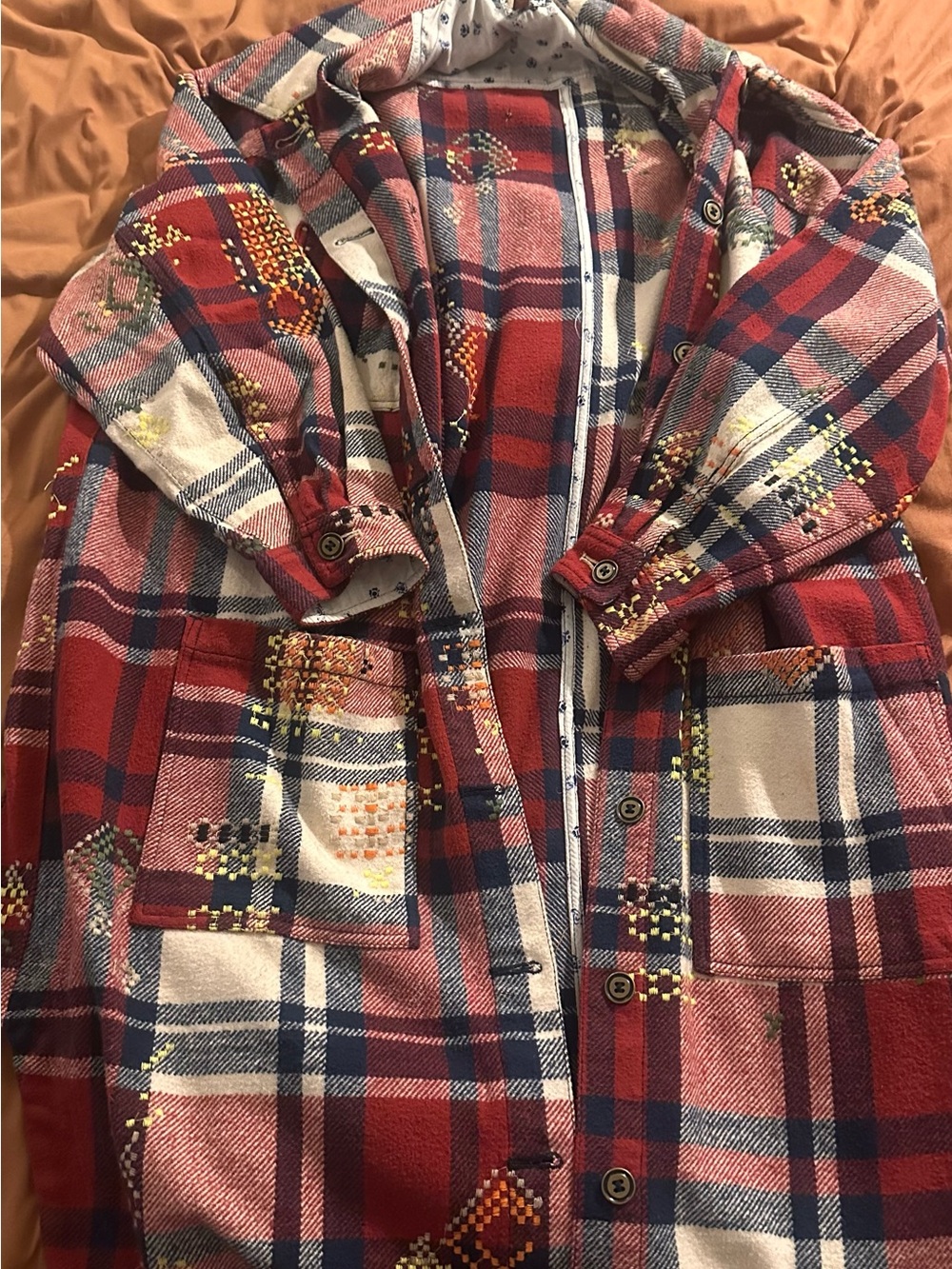 Anthropologie Red Plaid Trench Coat with Embroidered Accents